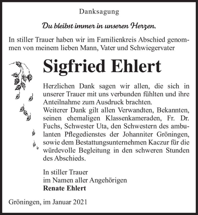  Traueranzeige für Sigfried Ehlert  vom 23.01.2021 aus Magdeburger Volksstimme