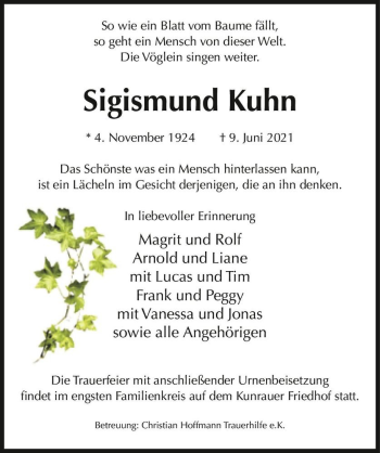 Traueranzeige von Sigismund Kuhn  von Magdeburger Volksstimme