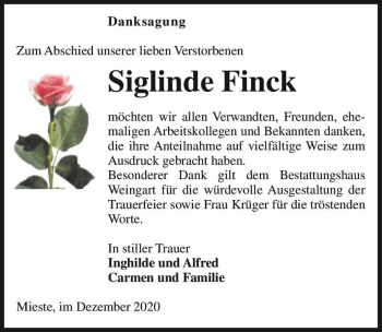 Traueranzeige von Siglilnde Finck  von Magdeburger Volksstimme