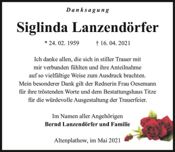 Traueranzeige von Siglinda Lanzendörfer  von Magdeburger Volksstimme