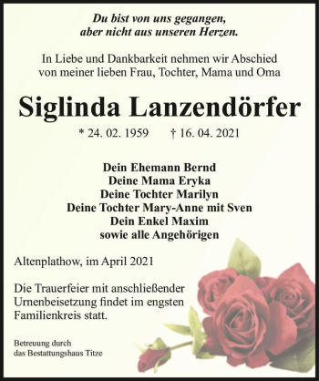 Traueranzeige von Siglinda Lanzendörfer  von Magdeburger Volksstimme