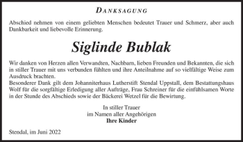 Traueranzeige von Siglinde Bublak  von Magdeburger Volksstimme