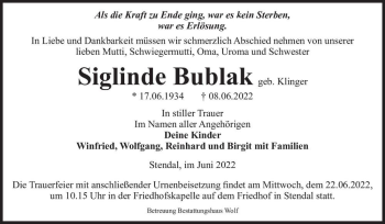 Traueranzeige von Siglinde Bublak (geb. Klinger)  von Magdeburger Volksstimme