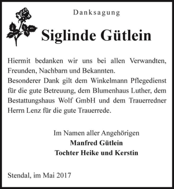 Traueranzeige von Siglinde Gütlein  von Magdeburger Volksstimme