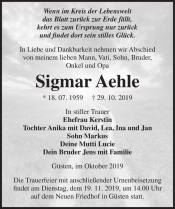 Traueranzeige von Sigmar Aehle  von Magdeburger Volksstimme