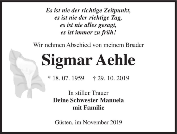 Traueranzeige von Sigmar Aehle  von Magdeburger Volksstimme