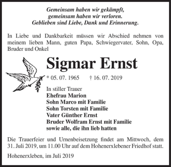 Traueranzeige von Sigmar Ernst  von Magdeburger Volksstimme