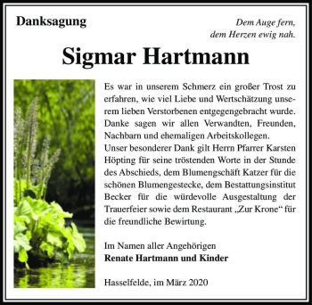Traueranzeige von Sigmar Hartmann  von Magdeburger Volksstimme