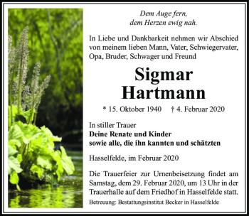 Traueranzeige von Sigmar Hartmann  von Magdeburger Volksstimme