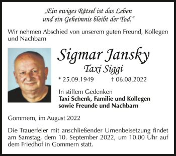 Traueranzeige von Sigmar Jansky  von Magdeburger Volksstimme