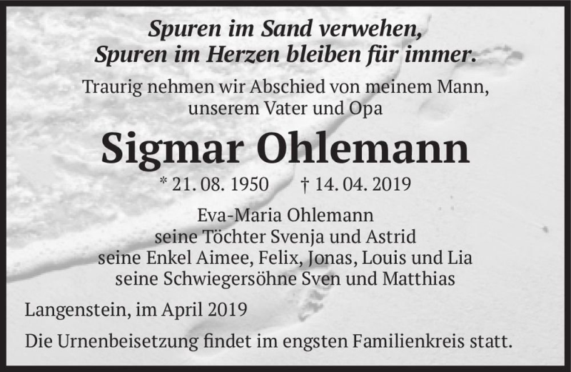  Traueranzeige für Sigmar Ohlemann  vom 20.04.2019 aus Magdeburger Volksstimme