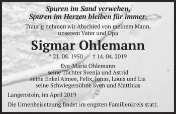 Traueranzeige von Sigmar Ohlemann  von Magdeburger Volksstimme