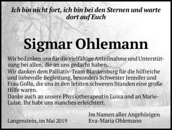 Traueranzeige von Sigmar Ohlemann  von Magdeburger Volksstimme
