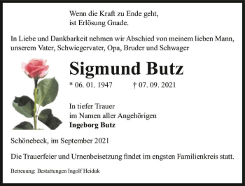 Traueranzeige von Sigmund Butz  von Magdeburger Volksstimme