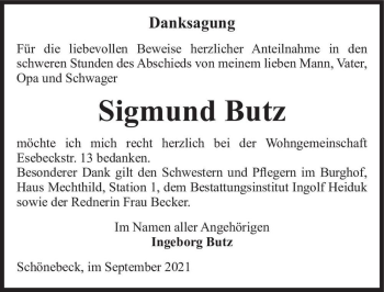 Traueranzeige von Sigmund Butz  von Magdeburger Volksstimme