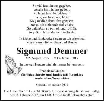 Traueranzeige von Sigmund Demmer  von Magdeburger Volksstimme