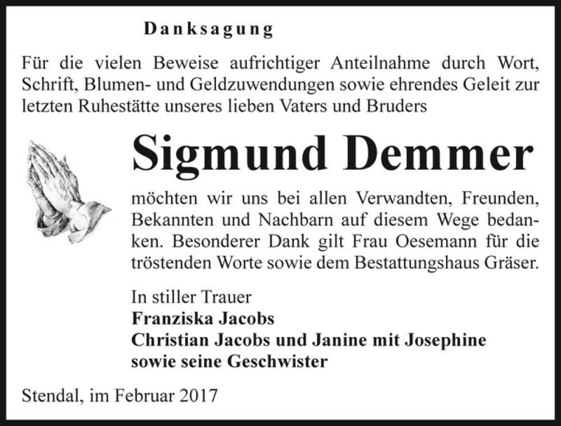  Traueranzeige für Sigmund Demmer  vom 10.02.2017 aus Magdeburger Volksstimme