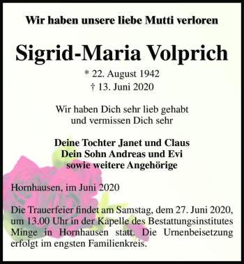Traueranzeige von Sigrid-Maria Volprich  von Magdeburger Volksstimme