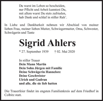 Traueranzeige von Sigrid Ahlers  von Magdeburger Volksstimme