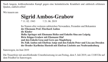 Traueranzeige von Sigrid Ambos-Grabow  von Magdeburger Volksstimme