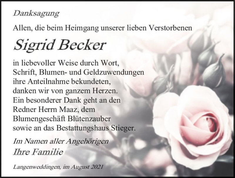  Traueranzeige für Sigrid Becker  vom 11.09.2021 aus Magdeburger Volksstimme