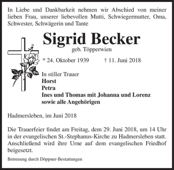 Traueranzeige von Sigrid Becker (geb. Töpperwien)  von Magdeburger Volksstimme