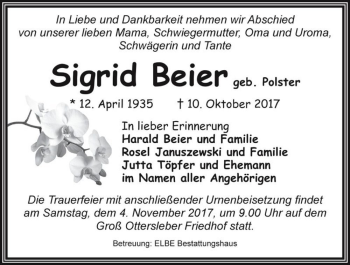 Traueranzeige von Sigrid Beier (geb. Polster)  von Magdeburger Volksstimme