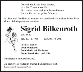 Traueranzeige von Sigrid Bilkenroth (geb. Bulle)  von Magdeburger Volksstimme