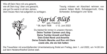 Traueranzeige von Sigrid Bläß (geb. Friedrich)  von Magdeburger Volksstimme