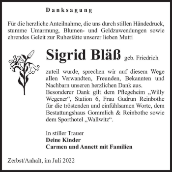 Traueranzeige von Sigrid Bläß (geb. Friedrich)  von Magdeburger Volksstimme