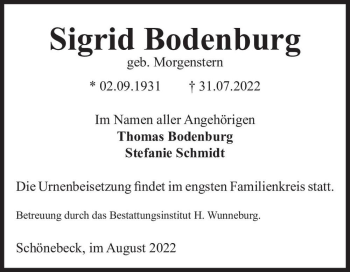 Traueranzeige von Sigrid Bodenburg (geb. Morgenstern)  von Magdeburger Volksstimme