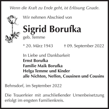 Traueranzeige von Sigrid Borufka (geb. Temme)  von Magdeburger Volksstimme