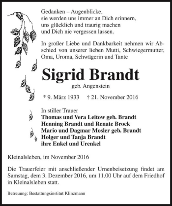 Traueranzeige von Sigrid Brandt (geb. Angenstein)  von Magdeburger Volksstimme