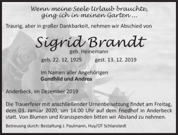 Traueranzeige von Sigrid Brandt (geb. Heinemann)  von Magdeburger Volksstimme