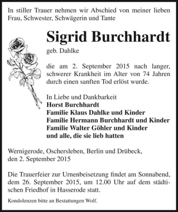 Traueranzeige von Sigrid Burchhardt geb. Dahlke  von Magdeburger Volksstimme