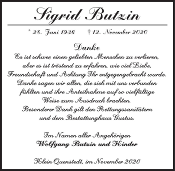 Traueranzeige von Sigrid Butzin  von Magdeburger Volksstimme