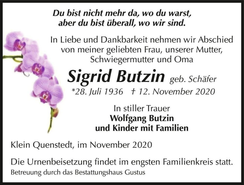  Traueranzeige für Sigrid Butzin (geb. Schäfer)  vom 14.11.2020 aus Magdeburger Volksstimme