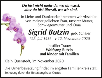 Traueranzeige von Sigrid Butzin (geb. Schäfer)  von Magdeburger Volksstimme