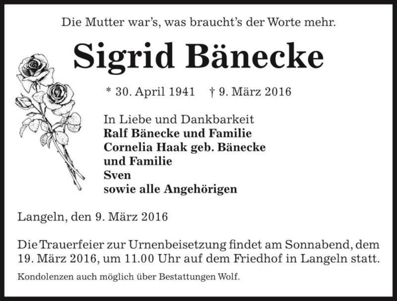  Traueranzeige für Sigrid Bänecke  vom 15.03.2016 aus Magdeburger Volksstimme