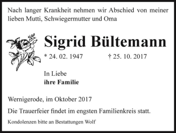 Traueranzeige von Sigrid Bültemann  von Magdeburger Volksstimme