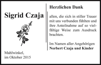 Traueranzeige von Sigrid Czaja  von Magdeburger Volksstimme