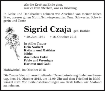 Traueranzeige von Sigrid Czaja (geb. Bathke)  von Magdeburger Volksstimme