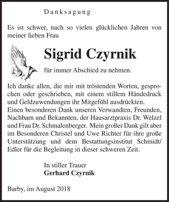 Traueranzeige von Sigrid Czyrnik  von Magdeburger Volksstimme