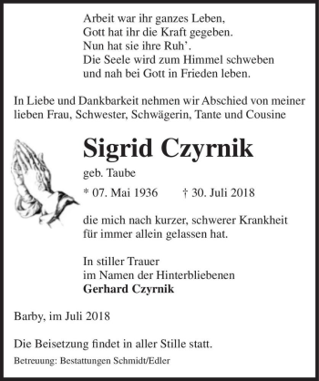 Traueranzeige von Sigrid Czyrnik (geb. Taube)  von Magdeburger Volksstimme