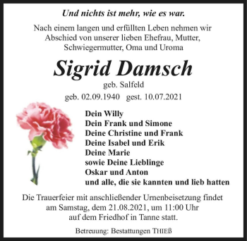 Traueranzeige von Sigrid Damsch (geb. Salfeld)  von Magdeburger Volksstimme