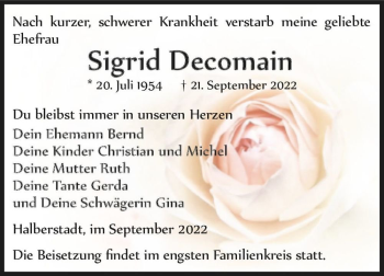 Traueranzeige von Sigrid Decomain  von Magdeburger Volksstimme