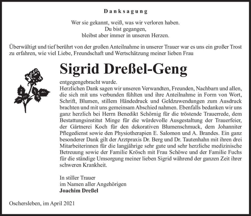  Traueranzeige für Sigrid Dreßel-Geng  vom 17.04.2021 aus Magdeburger Volksstimme