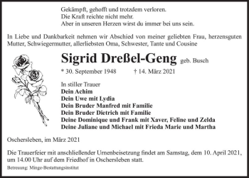 Traueranzeige von Sigrid Dreßel-Geng (geb. Busch)  von Magdeburger Volksstimme
