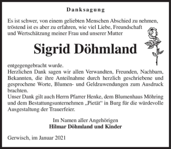 Traueranzeige von Sigrid Döhmland  von Magdeburger Volksstimme