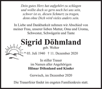 Traueranzeige von Sigrid Döhmland (geb. Wolter)  von Magdeburger Volksstimme